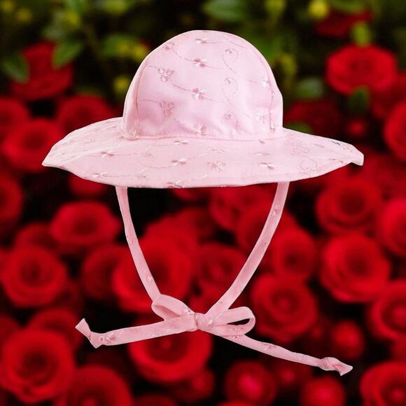 The Original Flap Happy Hat Ties Sz Medium 6-12 Months Pink Eyelet UPF50 Gift - Picture 1 of 14